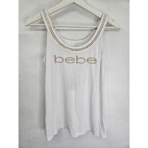 Bebe Rinnestones Gold Logo Tank Women White Size Xs Y2K Vibes Nwts Lightweight